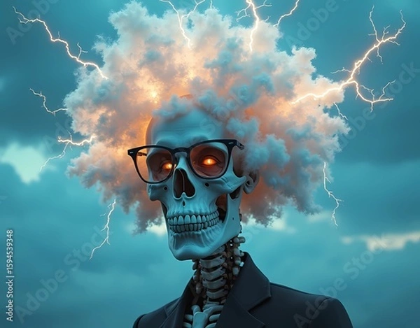 Fototapeta A bespectacled skull with an afro from a white cloud emitting a glowing thunderstorm. Generate AI
