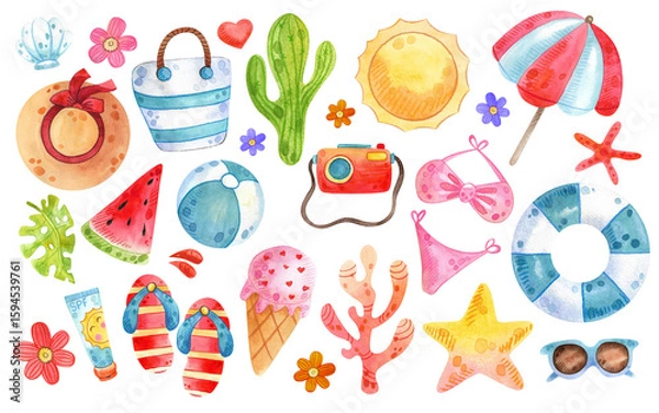 Fototapeta Set of watercolor beach illustrations. Hand drawn summer objects: swimsuit, camera, beach umbrella, sunglasses, hat. Illustration on white background. Summer icons, stickers. Tropical vacation.