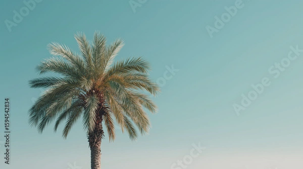 Fototapeta Tropical Palm Silhouette: A solitary palm tree stands against a clear, serene sky, creating a perfect scene of tropical beauty.