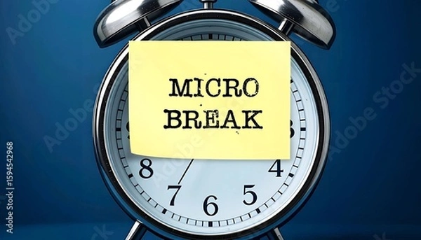Fototapeta On blue background, alarm clock with note written MICRO BREAK, means to break up from tasks or static postures by taking a few minute every 20 minutes to improve well being