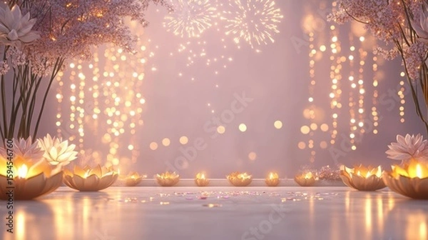 Fototapeta Banner design for diwali festival and podium,Diwali light decoration candle with fireworks,Stage,Product display Showcase design sparkle background,Deepavali,Dipavali,3D podium illustration.