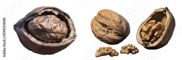 Obraz Set of a whole open walnut ,isolated on transparent background.