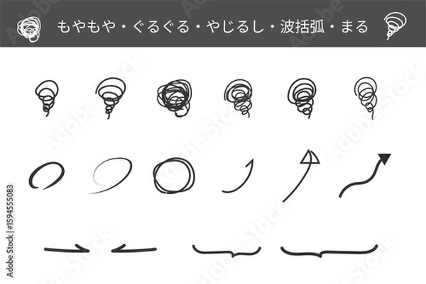 Obraz Webやチラシ作りで使える、もやもや・ぐるぐる・悩み・やじるし・波括弧アイコン