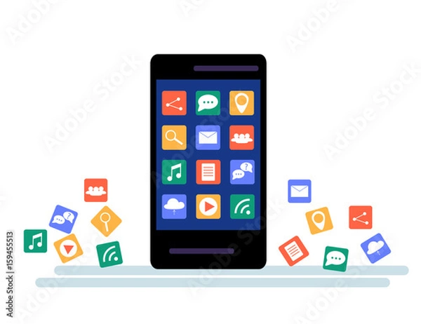Obraz Black Smartphone with cloud of application icons and Apps icons flying around them, isolated on White background