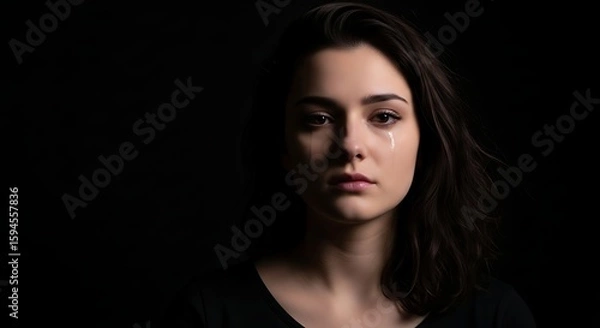 Fototapeta Portrait of a Crying Woman: Emotional Expression Dramatic Lighting Dark Background.