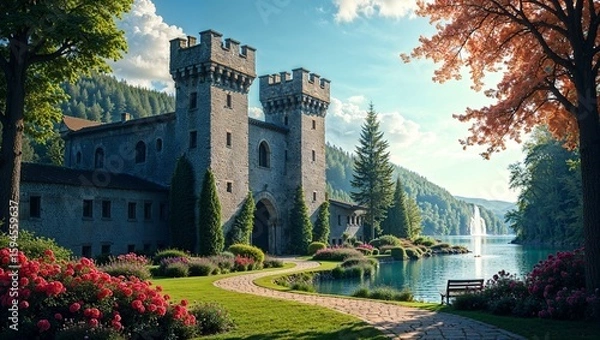 Fototapeta An old brick castle with towers and a road leading to the gate near a mountain lake with a waterfall. AI generated