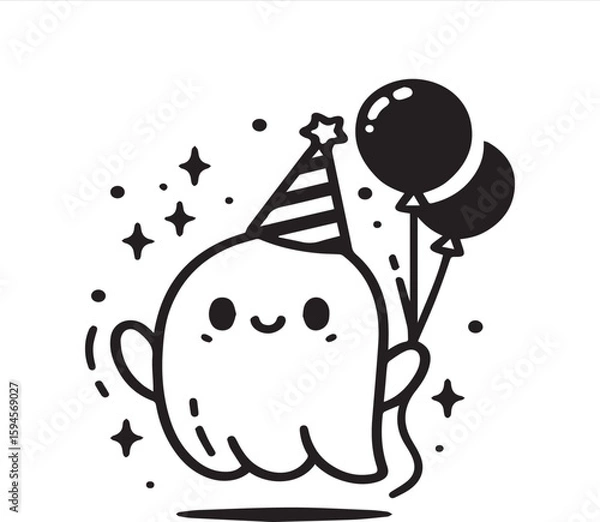 Fototapeta Minimalist Cute Ghost Line Art  Party Hat, Balloons & Sparkles
