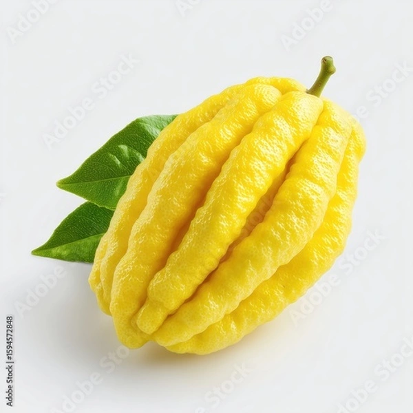 Fototapeta Close-Up of Fresh Yellow Buddha's Hand Citrus with Green Leaves on White Background