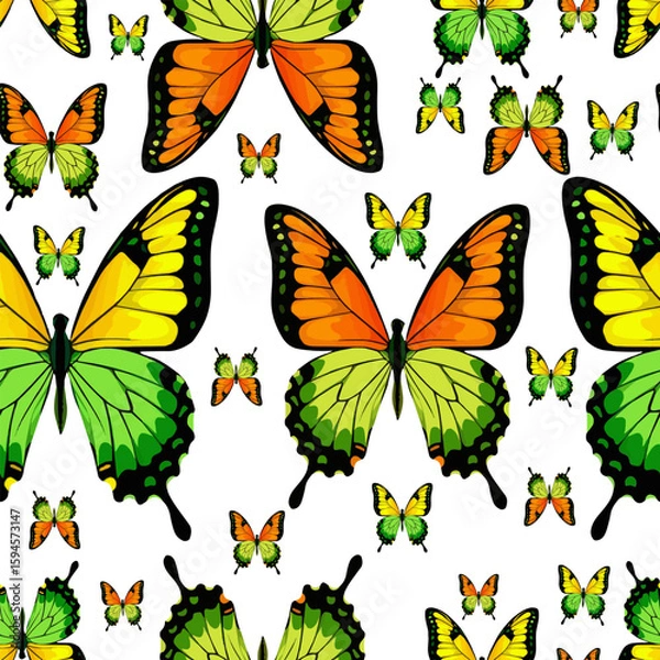 Fototapeta Patterns with butterflies in orange and green shades. Bright and summery for printing textiles, wallpaper, backdrops, stationery and more