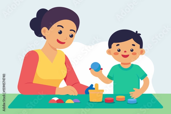 Fototapeta Child playing with modeling clay with mom