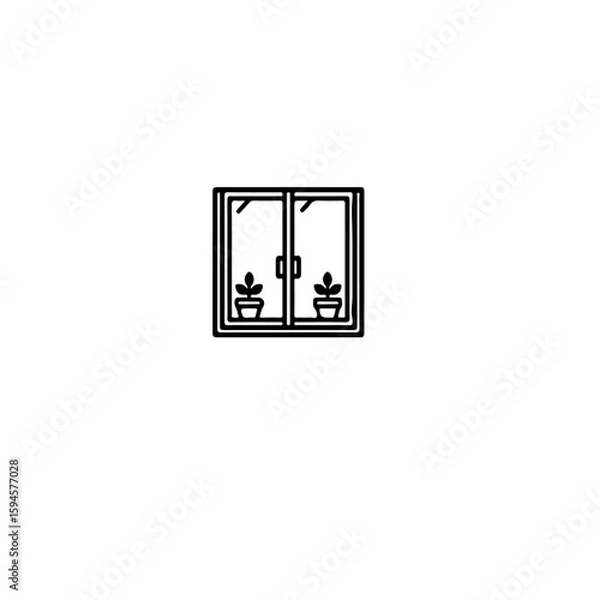 Fototapeta A simple black and white line drawing of a window with potted plants inside