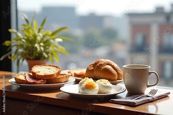 Fototapeta Hotel-style continental breakfast with boiled eggs, fresh bread, sliced ham, and tea, placed near a window with city view