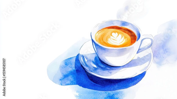Obraz Watercolor illustration of coffee cup with latte art, showcasing warm colors and serene atmosphere