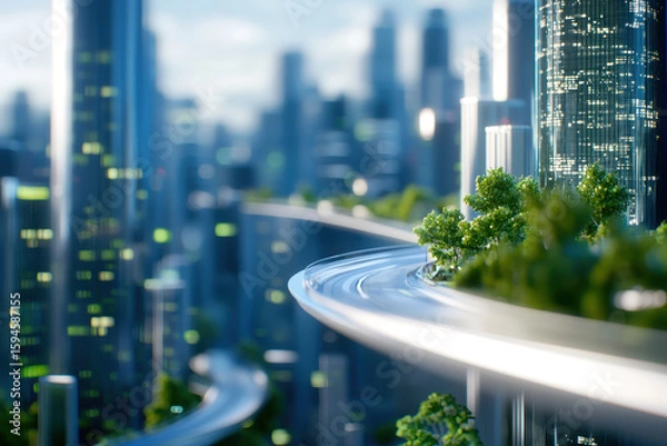 Obraz Futuristic urban environment featuring sleek, elevated roadway surrounded by greenery and modern skyscrapers. scene conveys