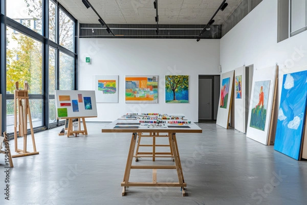 Obraz Art gallery showcasing vibrant paintings and creative works, filled with natural light and artistic inspiration