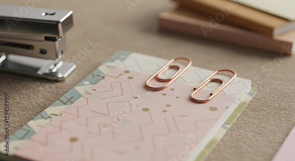 Obraz Copper Paperclips Resting on Patterned Paper with Stapler Nearby