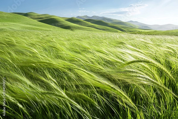 Obraz Lush green grass sways gently in wind across rolling hills under bright blue sky, creating serene and peaceful landscape