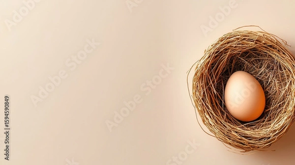 Obraz Serene bird nest with single egg rests on soft beige background, evoking sense of calm and simplicity