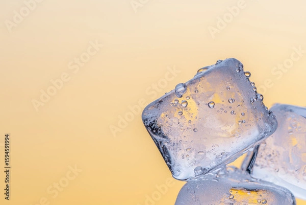 Obraz Melting ice cubes glisten with droplets against soft beige background, creating refreshing and serene atmosphere