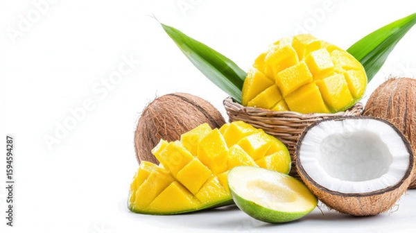 Obraz Fresh mangoes in bamboo basket with coconut shells create vibrant tropical scene