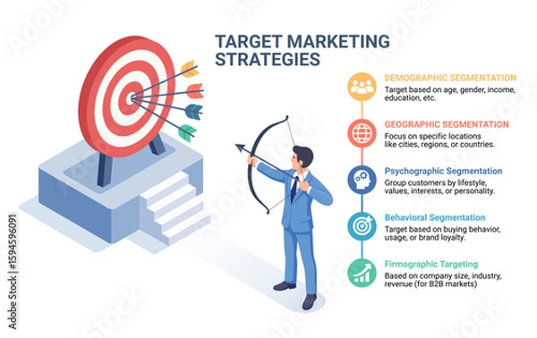 Obraz An isometric business infographic target marketing strategies. A businessman aiming a arrow at a target concept template. Timeline, banner, diagram, web design.