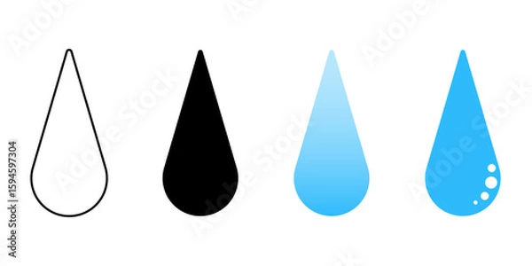 Fototapeta Drop set isolated on a white background. Silhouette, colored and outline drawing.  Editable stroke.  Vector illustration, color and linear icon.