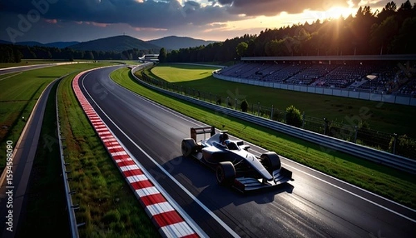 Fototapeta Formula One Race Event, Racing Car, Aerial View Track, Green Landscape, Sports Environment, Dynamic Perspective, Thrilling Experience