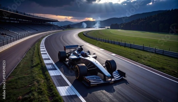 Fototapeta Exciting Action at a Formula 1 Race, High-Speed Car Racing on a Scenic Track, Lush Green Surroundings, Dynamic Capture