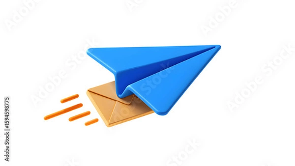 Fototapeta A blue paper airplane soars above a yellow envelope isolated on transparent background