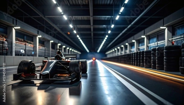 Fototapeta Dynamic Formula 1 Race Car in Hyper-Realistic Pit Lane, Empty Pits, Industrial Environment, Captured at Night