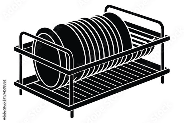 Fototapeta Minimalist Black and White Illustration of a Dish Rack Filled with Plates in Kitchen Setting