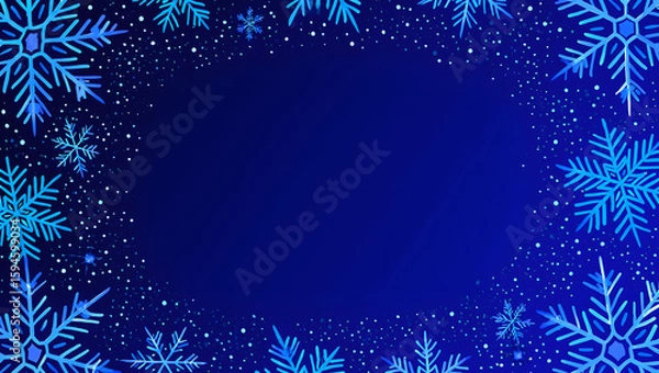 Fototapeta A festive blue background with a border of delicate snowflakes and sparkling snow