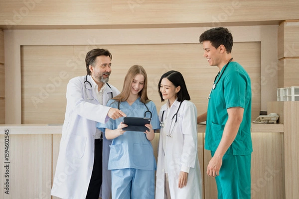 Obraz Caucasian woman doctor use tablet computer with team working at hospital	
