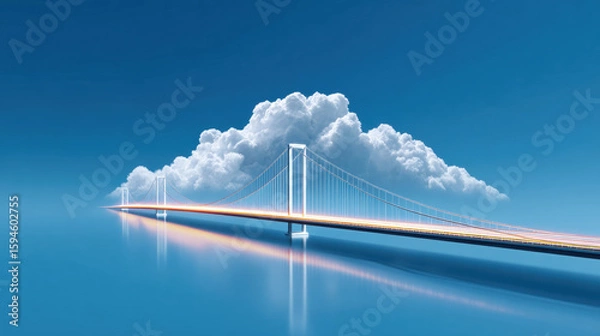 Fototapeta Suspended bridge with light trails stretches across calm water under large fluffy cloud in clear blue sky, creating serene and futuristic atmosphere