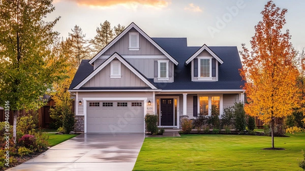 Obraz A beautiful suburban home with a wellmanicured lawn and autumn trees