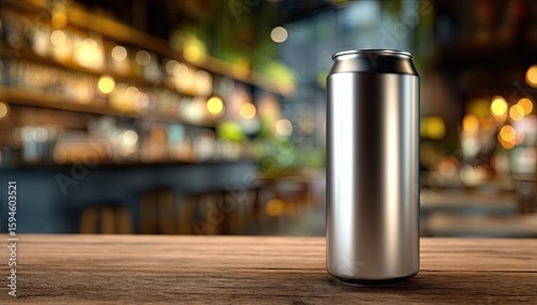 Fototapeta A metallic beverage can stands on a wooden surface, in front of a blurred background of a cafe or bar