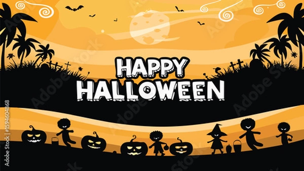 Fototapeta Happy halloween scene with pumpkins, kids, bats, moon and palm trees in orange and black colors
