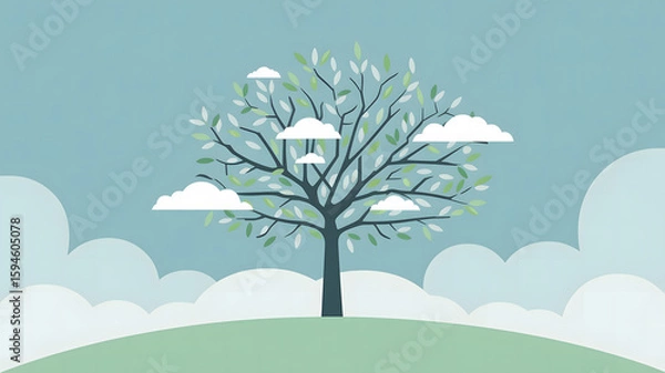 Obraz Serene Tree with Clouds, Perfect for Calm and Peaceful Designs
