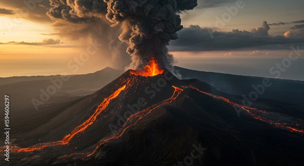Obraz Erupting Volcano with Glowing Lava Flowing Down the Slopes at Sunset