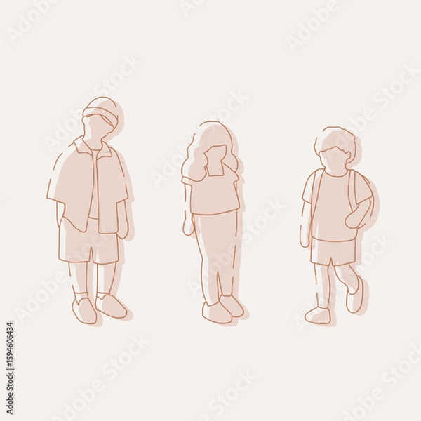 Fototapeta flat minimal children male and female vector illustration in spring summer clothing concept isolated set collection. Outline with silhouette shadow. For architecture, design, info graphic, media
