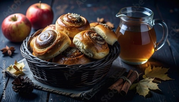 Fototapeta Rustic Apple Cider and Homemade Dinner Rolls in a Cozy Basket on a Wooden Table Setting