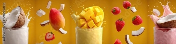Fototapeta Three smoothie glasses filled with mango, strawberry, and coconut.  Flying fruit pieces and splashes of liquid.  Bright yellow background