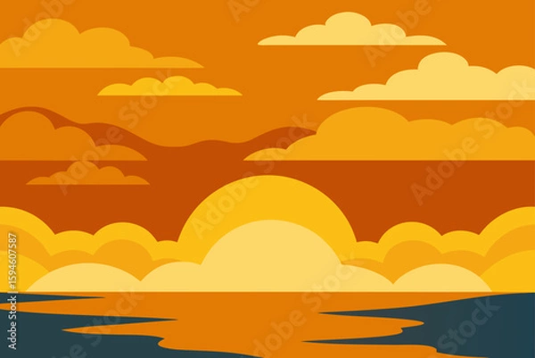 Fototapeta Painterly Clouds in Golden Sky Over Lake Horizon Art