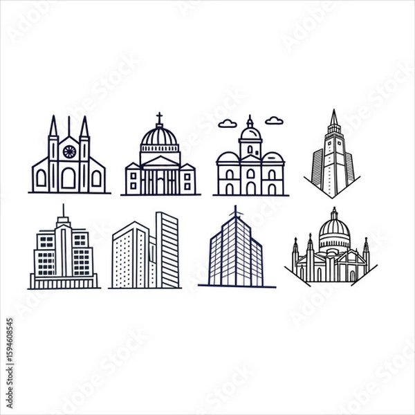 Fototapeta Line art illustration of various buildings and architectural styles