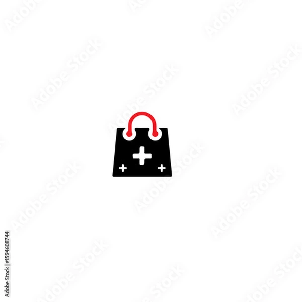 Fototapeta A black shopping bag with a red handle and a white plus sign on a white background