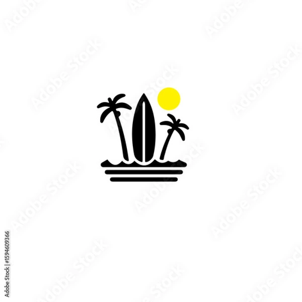 Fototapeta A simple black and white illustration of a beach scene with a surfboard
