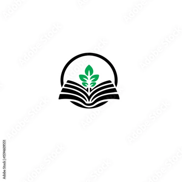 Fototapeta A logo showing an open book with a green plant inside a black circle frame