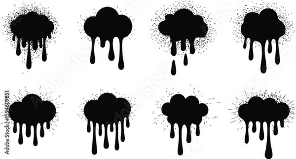 Fototapeta Vector art of set of eight black graffiti spray paint drips
