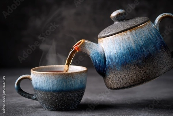 Fototapeta Tea being poured from a teapot into a mug.  Steam rises.  Dark background