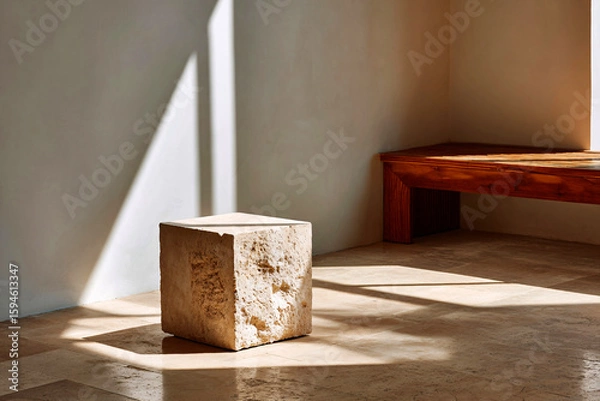 Fototapeta Minimal Wall with Beige Pedestal and Soft Sunlight Shadows